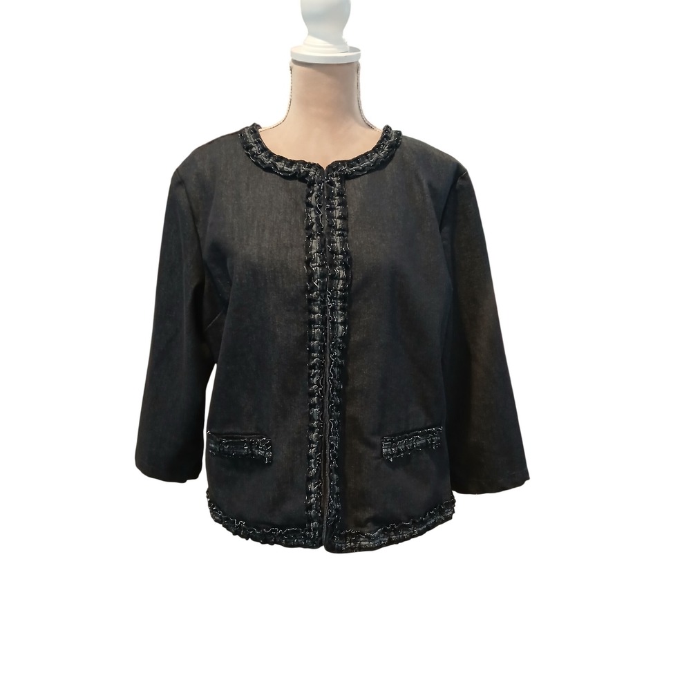 Dark Wash Denim Jacket Ruffle Trim Collarless Hook Closure Business Stretch 18
